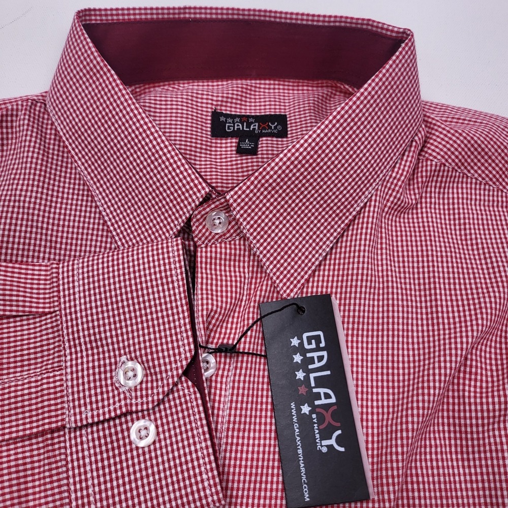 Galaxy By Harvic Men's Red/White Gingham Slim-Fit Button-Down‎ Dress Shirt Large